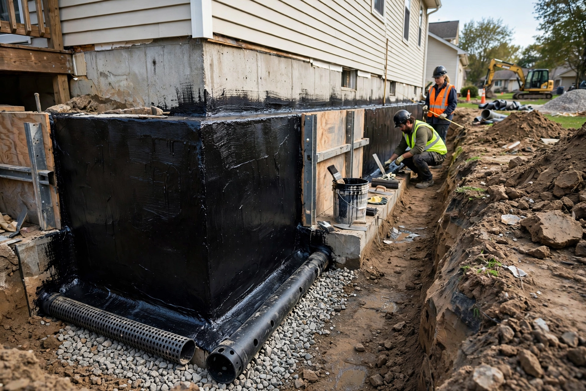 Exterior foundation waterproofing membrane installation in Rochester NY