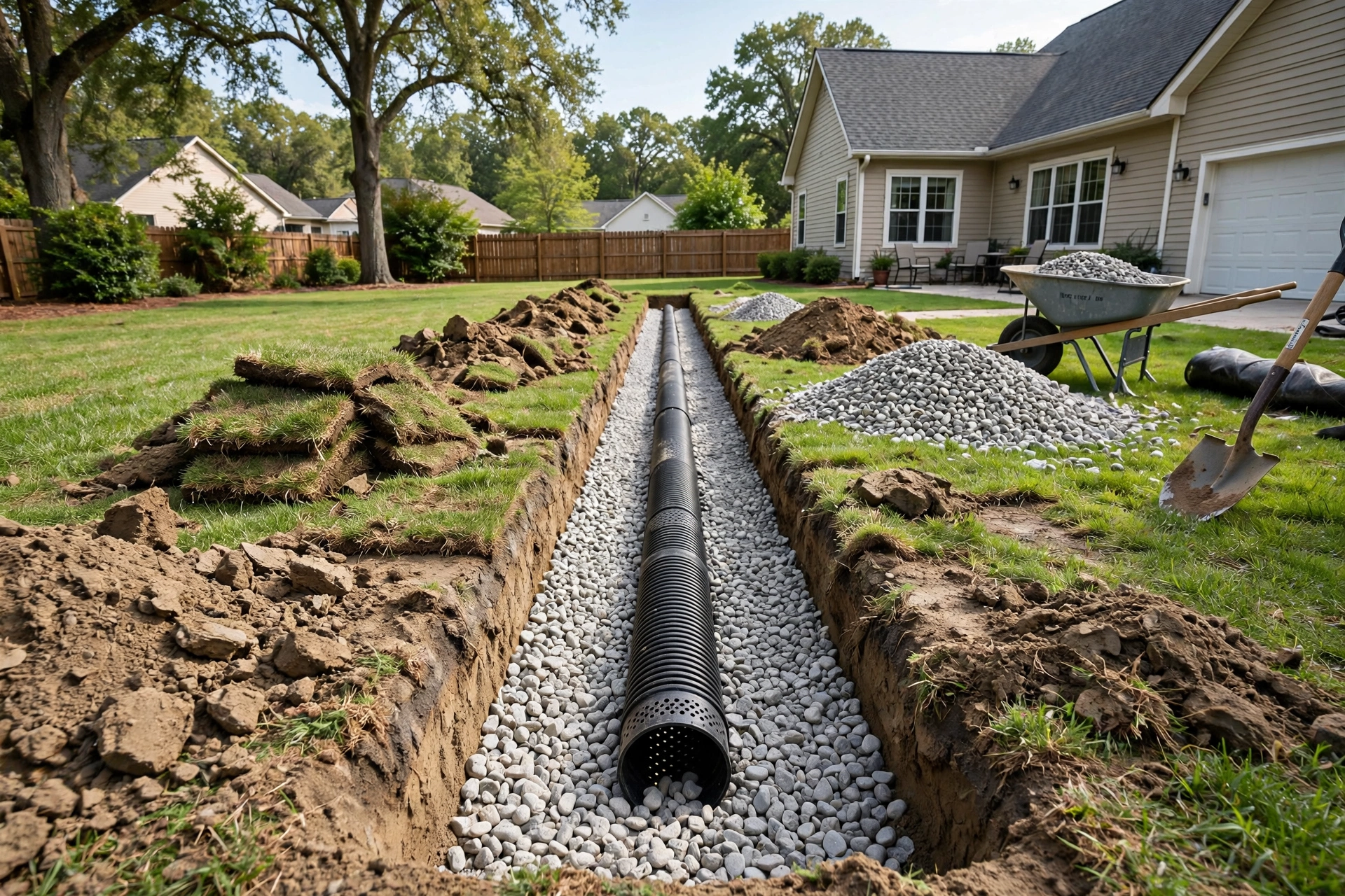 French drain installation in a Rochester NY yard