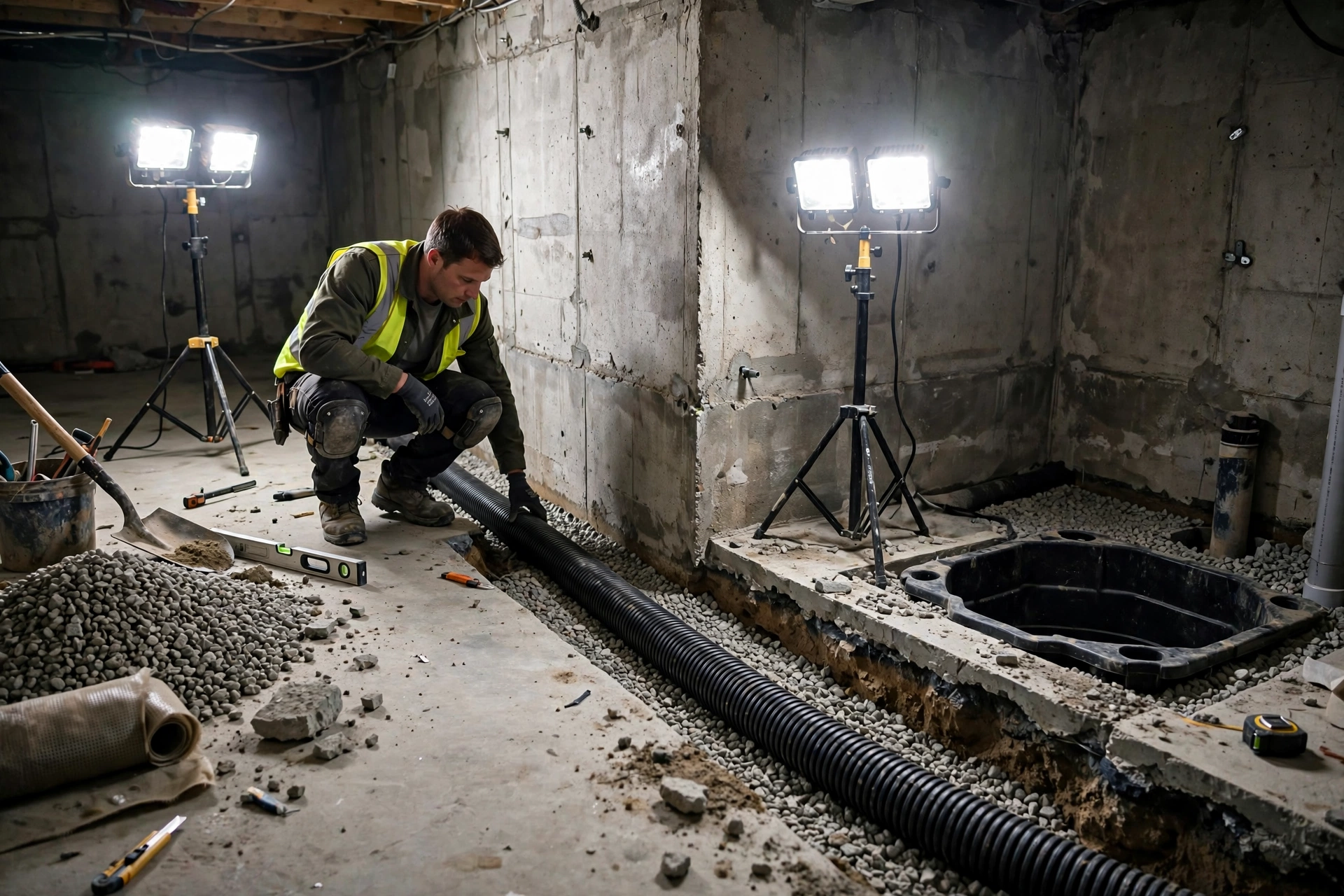 Interior basement waterproofing drain tile installation in Rochester NY